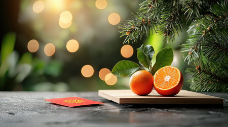 A vibrant composition featuring fresh oranges and a red envelope, symbolizing prosperity amidst a festive backdrop of greenery and soft bokeh lights.の素材