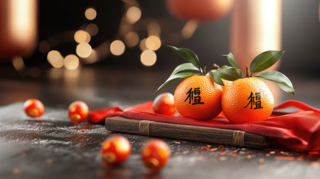 A vibrant arrangement of mandarins with Chinese characters, resting on a red cloth, surrounded by decorative elements, symbolizing prosperity and celebration.の素材