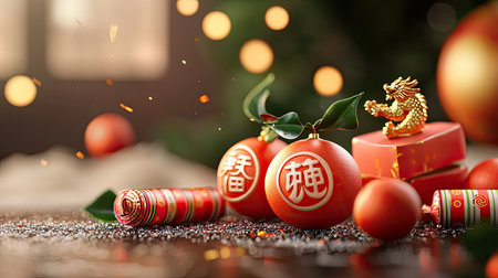 A festive arrangement featuring tangerines, decorative elements, and a golden dragon, symbolizing prosperity and joy during celebrations.の素材