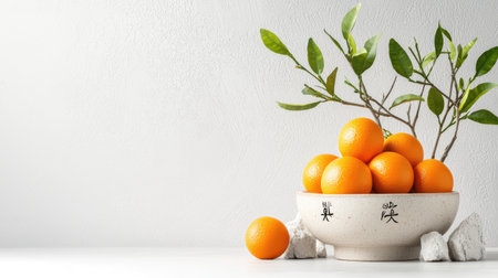 A serene arrangement of fresh oranges in a decorative bowl, complemented by a branch, set against a shimmering, light background.の素材