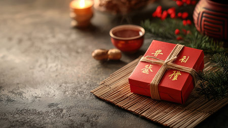 A beautifully wrapped red gift box adorned with gold accents, set against a rustic background featuring candles and festive decorations.の素材