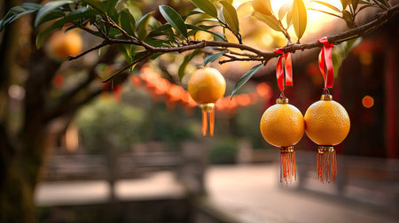 A serene scene featuring golden ornaments hanging from a tree, illuminated by warm sunlight, creating a festive and tranquil atmosphere.の素材