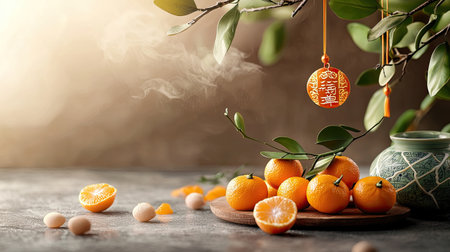 A serene still life featuring vibrant oranges, green leaves, and a decorative pendant, evoking a warm, festive atmosphere.の素材