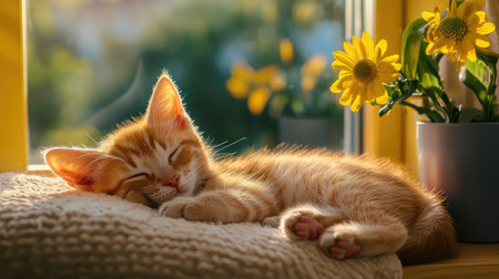 A cozy orange kitten peacefully sleeps on a soft cushion by a sunlit window, surrounded by vibrant sunflowers.の素材