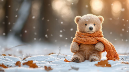 A cute teddy bear wearing an orange scarf sits on the snow, surrounded by a serene winter landscape with falling snowflakes.の素材