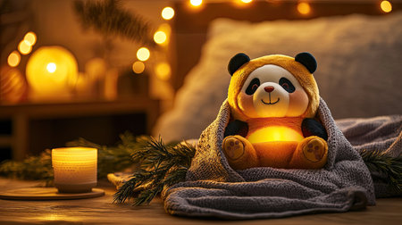 A cozy scene featuring a panda plush toy wrapped in a blanket, glowing softly with a candle and warm ambient lights in a serene setting.の素材