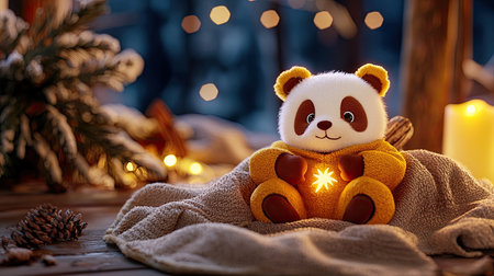 A cozy, festive scene featuring a cute panda plush toy holding a glowing light surrounded by pinecones and soft textures.の素材