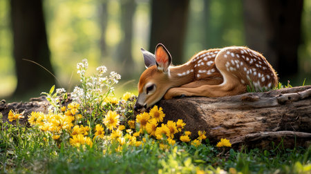 A serene fawn rests among vibrant wildflowers in a sunlit forest, embodying the tranquility of nature's beauty.の素材