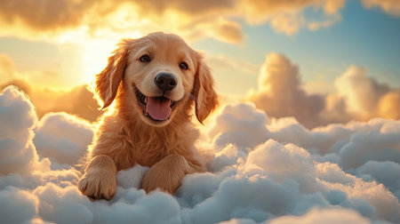 A playful golden retriever puppy lying on soft clouds during a beautiful sunset, radiating joy and innocence.の素材