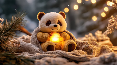 A cute, cuddly panda plush sits warmly wrapped in a blanket, holding a glowing lantern, surrounded by a serene, festive backdrop.の素材