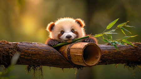 A cute panda cub rests on a bamboo log, playfully holding a piece of bamboo, surrounded by lush greenery.の素材