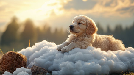 A golden retriever puppy peacefully naps on fluffy clouds against a serene sunset backdrop, embodying tranquility and innocence.の素材