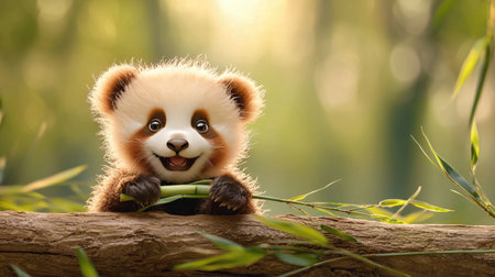 A cute panda cub joyfully munching on bamboo in a serene, sunlit forest setting.の素材