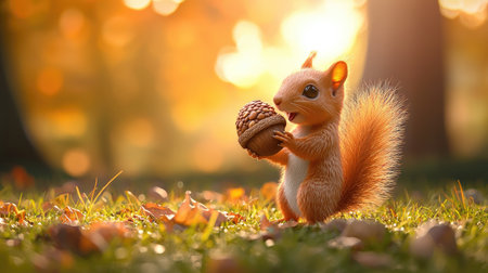 A cute squirrel holds an acorn amidst a backdrop of autumn foliage, capturing the essence of fall in a serene, sunlit forest setting.の素材