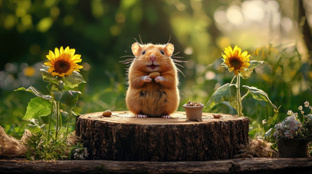 A cute hamster stands on a log surrounded by sunflowers, enjoying a snack in a vibrant, sunlit garden.の素材