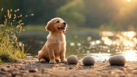 A golden retriever puppy sits by a serene lakeside, surrounded by stones, basking in the warm glow of the sunset.の素材