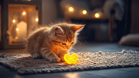 A playful kitten curiously interacts with a glowing heart-shaped object, surrounded by warm, ambient lighting in a cozy setting.の素材