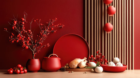 A vibrant display of red-themed decor featuring traditional elements like flowers, pots, and lanterns, creating a warm and festive atmosphere.の素材