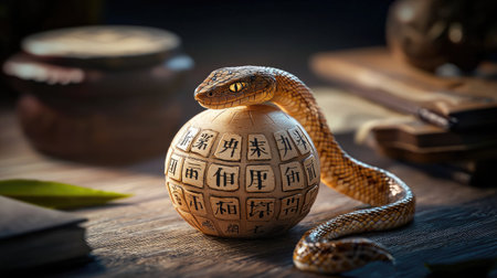 A coiled snake rests atop a intricately carved sphere covered in symbols, set against a rustic background, evoking a sense of mystery and intrigue.の素材