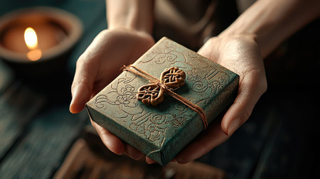 A beautifully wrapped gift held in hands, set against a soft, warm background with a candle glowing, creating a cozy and inviting atmosphere.の素材