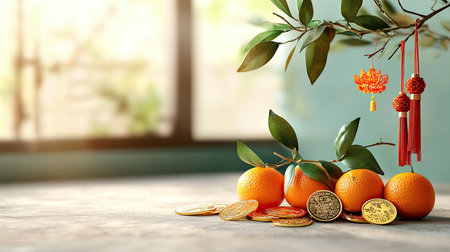 A serene arrangement of oranges and decorative items symbolizing prosperity, set against a softly lit background.の素材