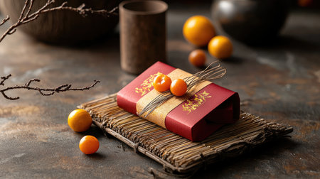 A beautifully wrapped gift box adorned with rustic decorations, surrounded by small fruits on a textured surface, creating a warm and inviting atmosphere.の素材