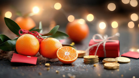 A festive arrangement of tangerines, gold coins, and a red gift box, set against a blurred background of soft lights, evoking a warm, celebratory atmosphere.の素材