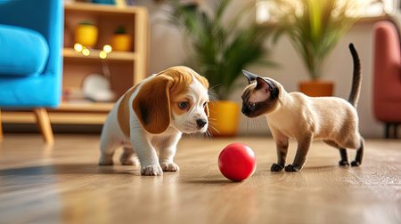 A playful puppy and a curious kitten interact with a red ball in a cozy indoor setting filled with plants.の素材