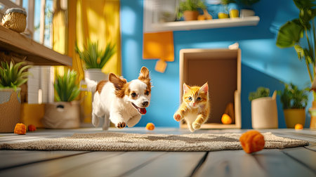 A playful puppy and a kitten run joyfully across a bright, colorful room with plants and toys scattered on the floor.の素材