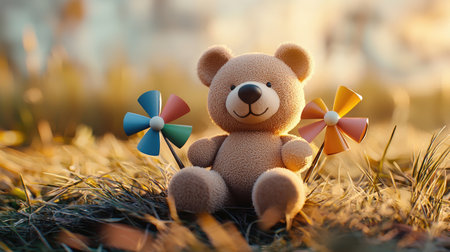 A cute teddy bear sits in a field, holding colorful pinwheels, surrounded by grass and sunlight, evoking a playful and cheerful atmosphere.の素材