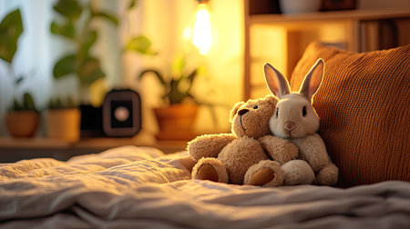 A cozy scene featuring a teddy bear and a bunny plush toy, surrounded by warm light and indoor plants, creating a comforting atmosphere.の素材