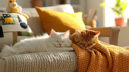 Two cats, a white fluffy one and an orange tabby, peacefully sleeping on a cozy couch with a warm blanket in a bright, sunlit room.の素材