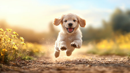 A joyful puppy leaps through a sunlit field, surrounded by flowers, embodying playfulness and the spirit of adventure.の素材