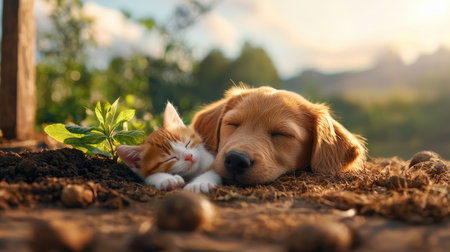 A cozy scene featuring a dog and a cat peacefully sleeping together on the ground, surrounded by nature.の素材