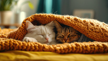 Two cats peacefully sleeping under a cozy, knitted blanket, exuding warmth and comfort in a serene indoor setting.の素材