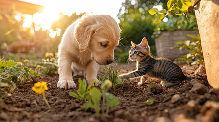 A puppy and a kitten play together in a sunlit garden filled with flowers, showcasing their playful friendship and the joy of nature.の素材