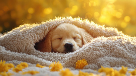 A peaceful puppy sleeps wrapped in a cozy blanket, surrounded by vibrant flowers, bathed in warm sunlight.の素材
