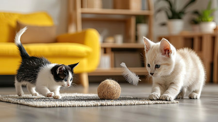 Two playful kittens interact with a toy on a textured rug in a cozy living room filled with natural light and stylish decor.の素材