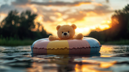 A teddy bear floats on a colorful inflatable in a serene body of water at sunset, creating a whimsical and tranquil scene.の素材