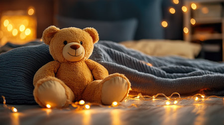 A cozy scene featuring a teddy bear on a soft blanket, surrounded by warm fairy lights, creating a comforting atmosphere.の素材