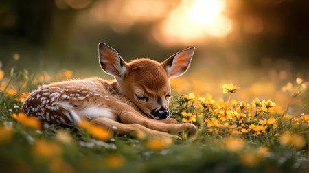 A peaceful fawn resting among vibrant flowers at sunset, embodying tranquility and the beauty of nature.の素材