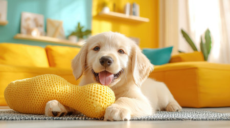 A cheerful golden retriever puppy rests with a yellow toy in a bright, colorful living room setting, showcasing a playful and cozy atmosphere.の素材
