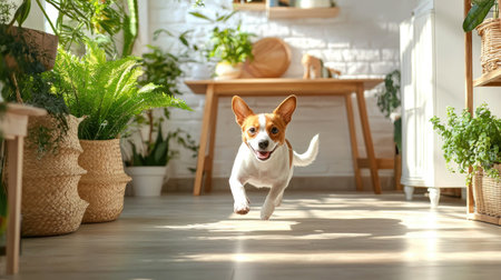 A playful dog runs joyfully through a bright, plant-filled room, surrounded by greenery and a cozy interior design.の素材