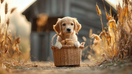 A golden retriever puppy peeks out from a wicker basket amidst rustic surroundings, capturing a warm and serene autumn vibe.の素材