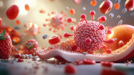 A vibrant, abstract representation of a virus with red elements, surrounded by colorful fruits, symbolizing health and the intersection of nature and medicine.の素材