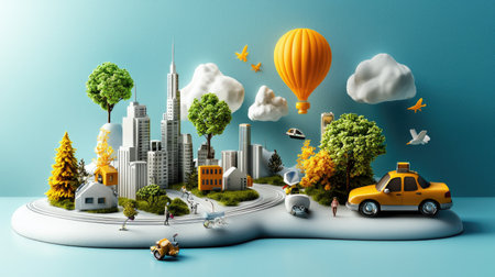 A vibrant miniature cityscape featuring skyscrapers, trees, a yellow taxi, and a hot air balloon against a blue background.の素材