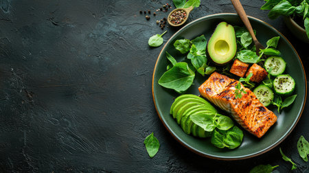 A vibrant, healthy plate featuring grilled salmon, fresh greens, avocado, and cucumber, set against a dark background.の素材