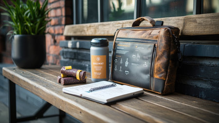 A stylish workspace setup featuring a bag, notebook, coffee, and snacks, set against a rustic wooden bench and a plant backdrop.の素材