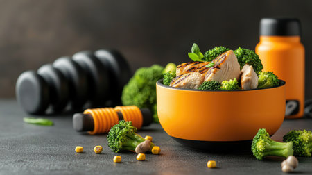 A vibrant bowl of grilled chicken and broccoli, surrounded by fitness equipment, highlighting a healthy lifestyle and meal prep.の素材