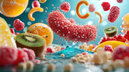 A colorful depiction of microorganisms surrounded by various fruits, showcasing a vibrant and playful blend of nature and science.の素材